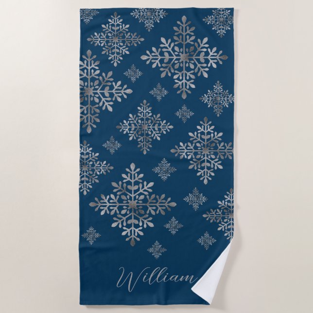 Serviette De Plage Faux Gris Foil Faux Flakes À Neige Sur Bleu (Pas V (Devant)