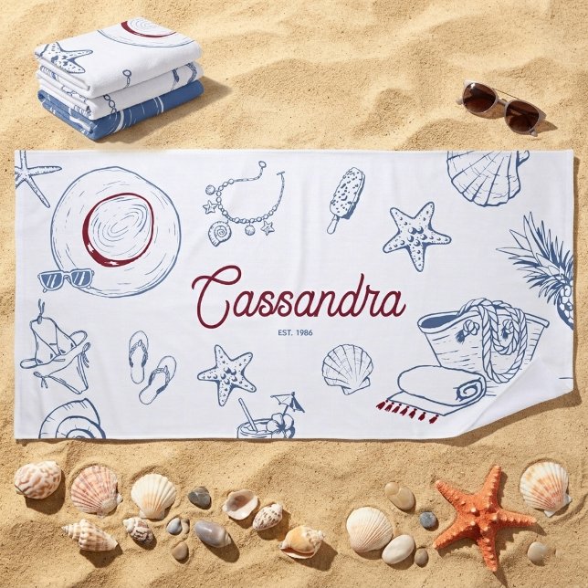 Serviette De Plage Faveur d'anniversaire moderne de plage d'été bleu  (Créateur téléchargé)