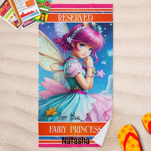 Serviette De Plage Fée Princesse Féminine Colorée  (Beach towel with a modern design with a fairy princess in bright colors with orange and pink stripes)