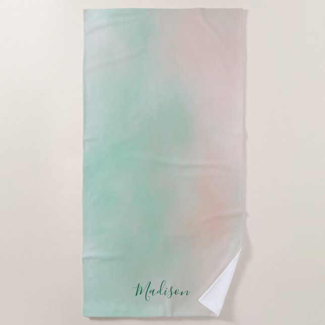Serviette De Plage Féminin Rose Pastel Vert Dégradé Script  (Devant)