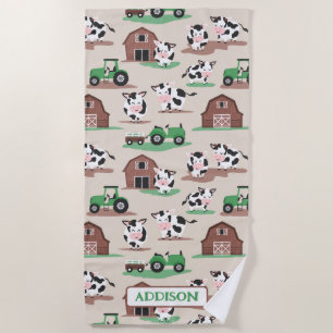 Serviette De Plage Ferme de vache rustique personnalisée Tan et vert
