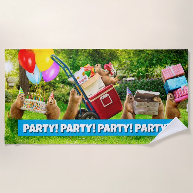 Serviette De Plage Fête d'anniversaire du chien de prairie (Devant)
