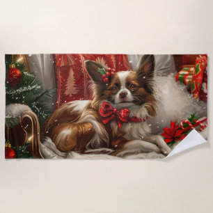 Serviette De Plage Fête de Noël de chien de Papillon