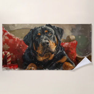 Serviette De Plage Fête de Noël de chien Rottweiler