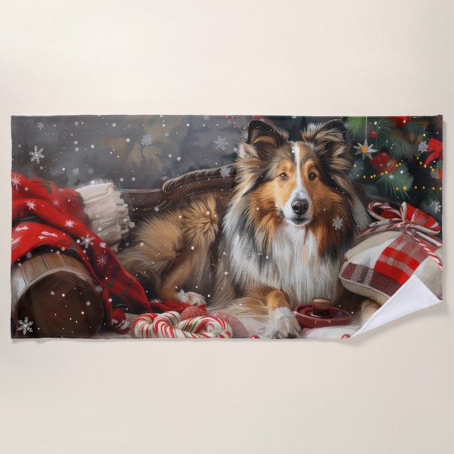 Serviette De Plage Fête de Noël du Berger des Shetland (Devant)