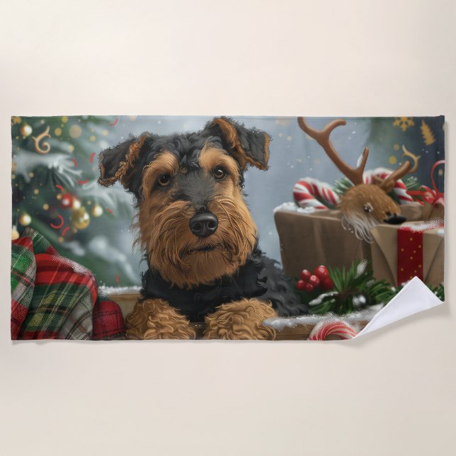 Serviette De Plage Fête de Noël du chien Airedale (Devant)