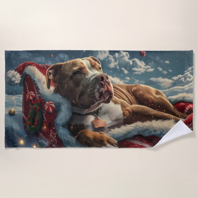 Serviette De Plage Fête de Noël du chien Pitbull (Devant)