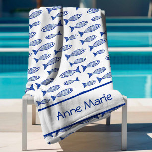 Serviette De Plage Fête du poisson côtier Bleu et Blanc