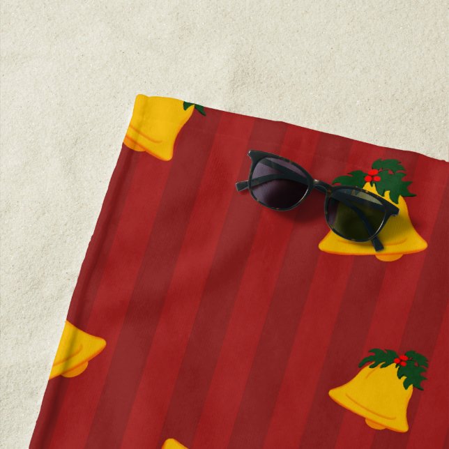 Serviette De Plage Fête Rouge Doré Rayure Cloches Noël (En situation)