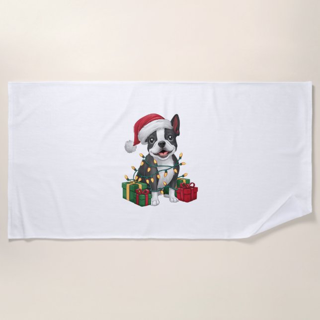 Serviette De Plage Feu de Noël Santa Hat Boston Terrier Chien Noël (Devant)