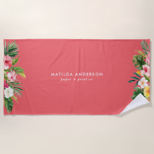 Serviette De Plage Feuillage moderne floral rose botanique tropical