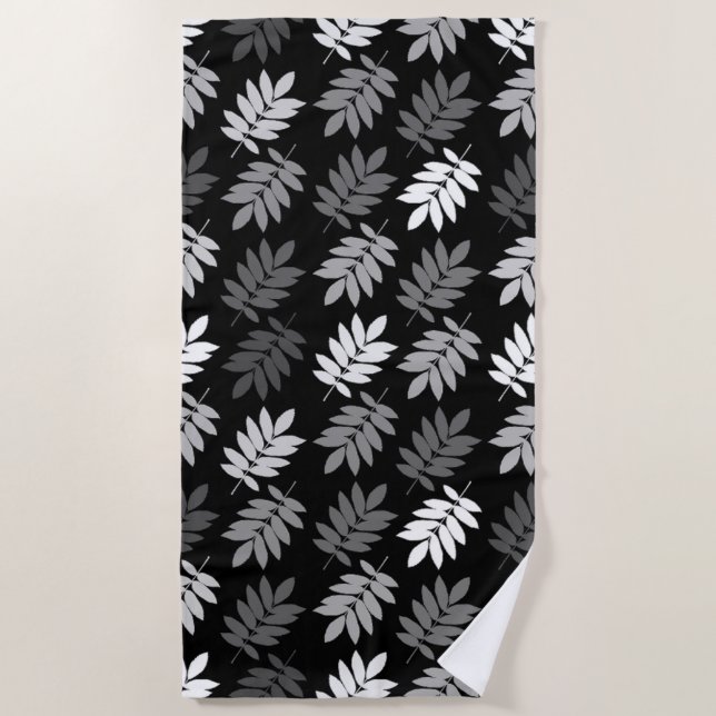 Serviette De Plage Feuille aînée grand motif noir blanc gris (Devant)