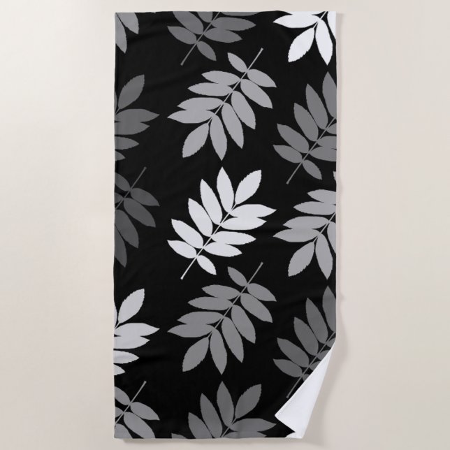 Serviette De Plage Feuille aînée grand motif noir blanc gris (Devant)