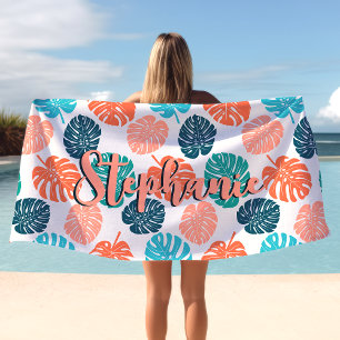 Serviette De Plage Feuille de Monstera Colorée Navy et Corail avec No