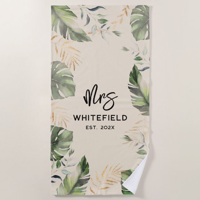 Serviette De Plage Feuille de palme tropical Script Botanique Personn (Devant)