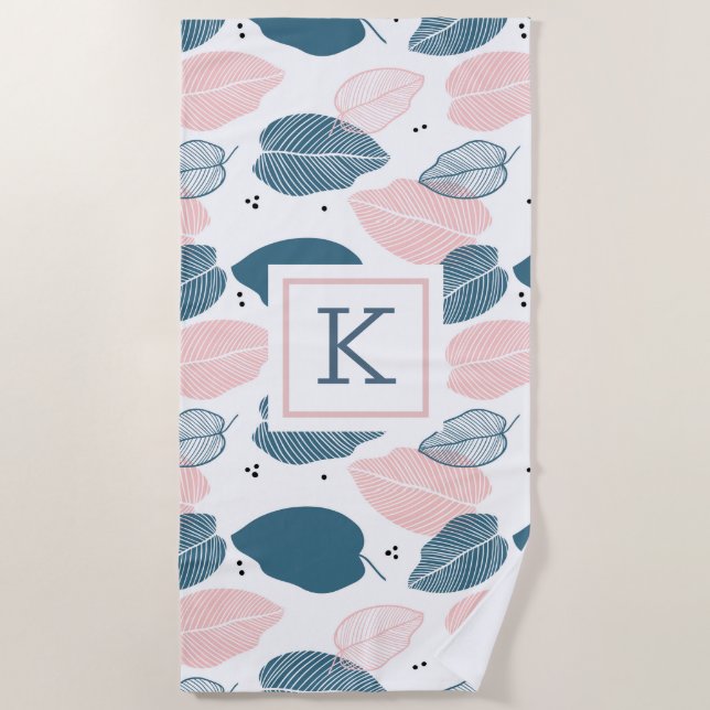 Serviette De Plage Feuille tropical bleu et blanc rose motif (Devant)