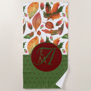 Serviette De Plage Feuilles d'automne monogrammes Automne Rouge Vert