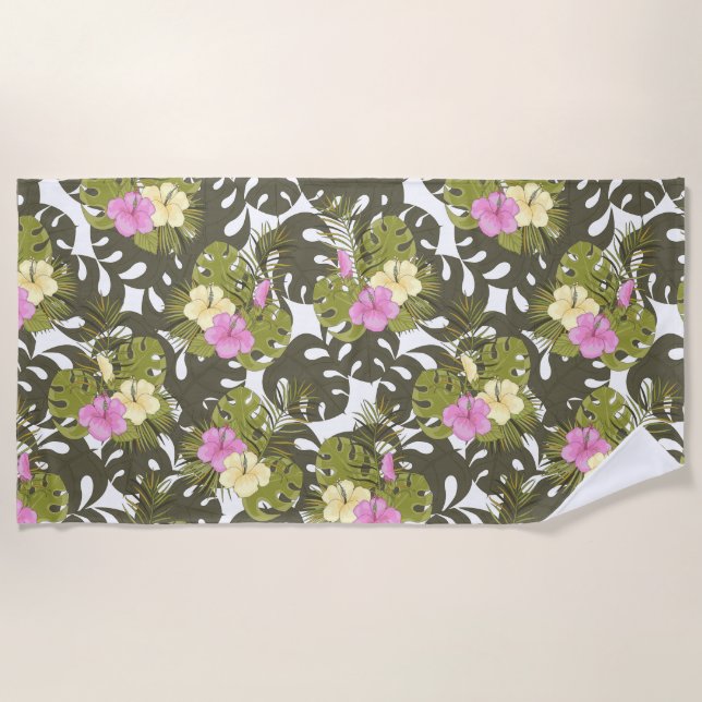 Serviette De Plage Feuilles de jungle tropicale et motif d'hibiscus (Devant)