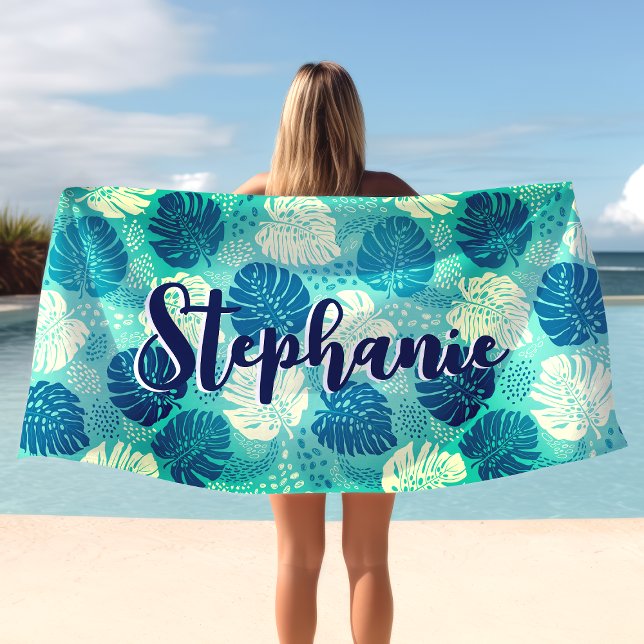 Serviette De Plage Feuilles de Monstera Aquarelle Tropicale Nom Bleu  (Créateur téléchargé)