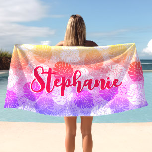 Serviette De Plage Feuilles de Monstera Coucher de Soleil Tropical Ro