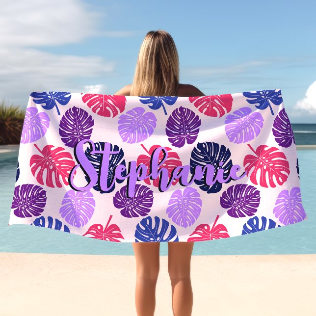 Serviette De Plage Feuilles de Monstera Tropicales Nom Script Rose Vi (Créateur téléchargé)