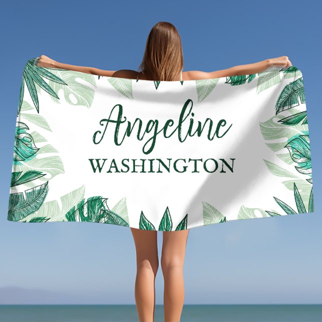 Serviette De Plage Feuilles de palmier à aquarelle tropicale Nom pers (Tropical Watercolor Palm Leaves Custom Name Beach Towel)
