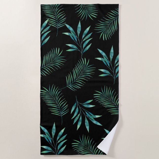 Serviette De Plage Feuilles de palmier noir et vert (Devant)