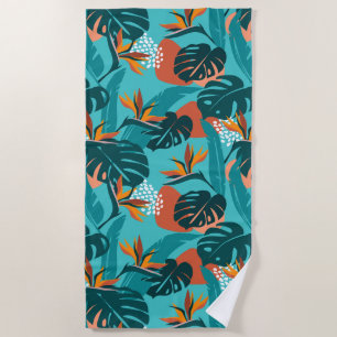 Serviette De Plage Feuilles de palmiers tropicaux et motif de fleurs