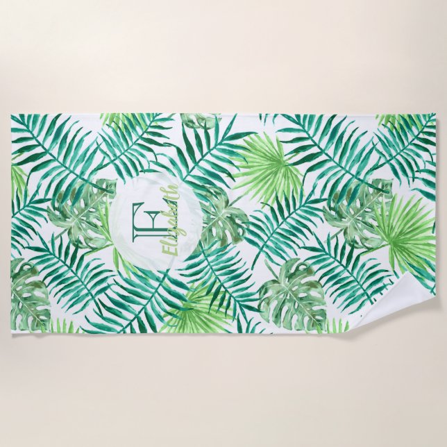 Serviette De Plage feuilles de palmiers tropicaux personnalisés, turq (Devant)