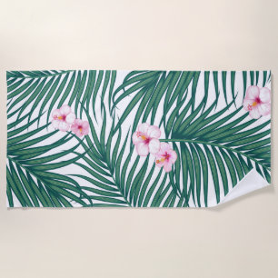 Serviette De Plage Feuilles de palmiers tropicaux verts avec fleurs d