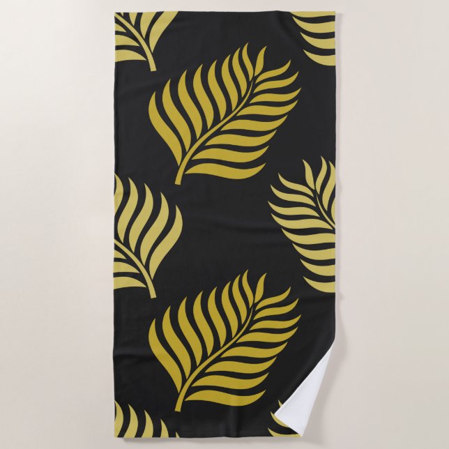 Serviette De Plage Feuilles d'or sur arrière - plan noir (Devant)