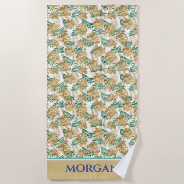 Serviette De Plage Feuilles dorées et vertes, nom ou initiales gras P (Devant)