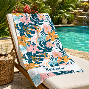 Serviette De Plage Feuilles Fleurs Tropicales Bohème