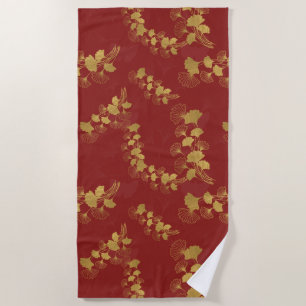 Serviette De Plage Feuilles Gold Gingko Balboa sur Arrière - plan rou
