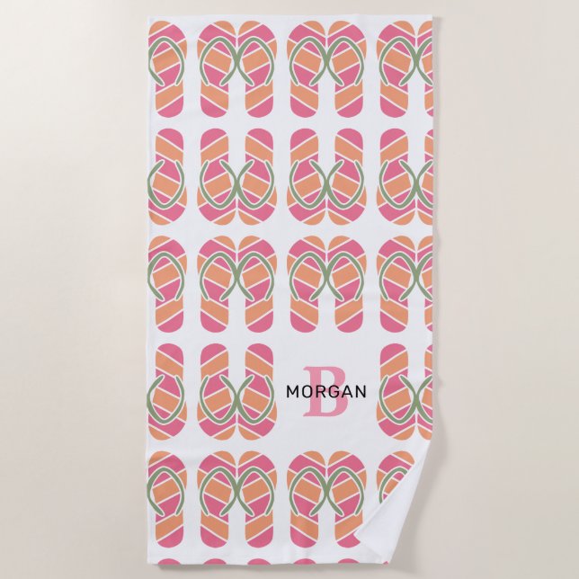 Serviette De Plage Feuilles, nom et grand monogramme orange et rose (Devant)