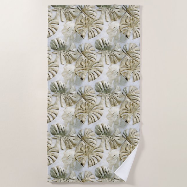 Serviette De Plage Feuilles tropicaux blancs Gold Green (Devant)