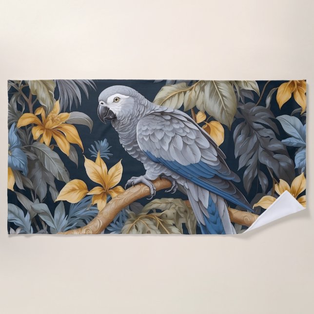 Serviette De Plage Feuilles tropicaux du perroquet gris d'Afrique (Devant)