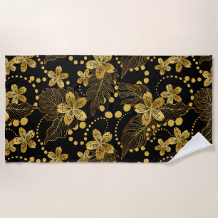 Serviette De Plage feuilles tropicaux & fleurs motif en or sur noir