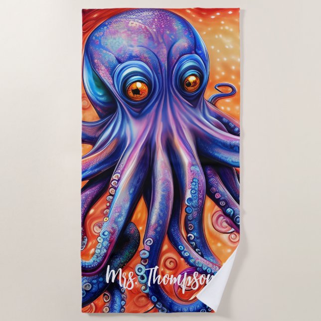 Serviette De Plage Fierce Blue Watercolor Octopus avec personnalisati (Devant)