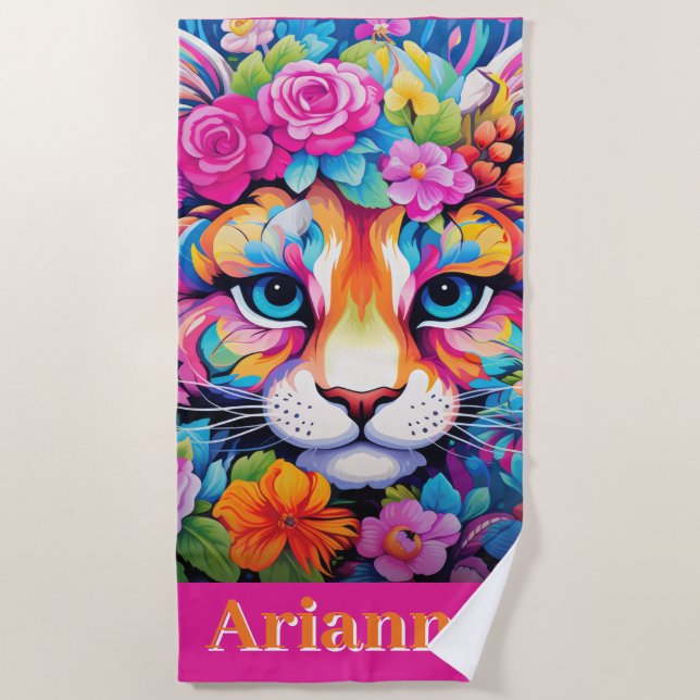 Serviette De Plage Fierce Elegance : Personnalisable Art Floral Tiger (Devant)