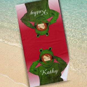 Serviette De Plage Fille avec grenouille verte Hoody Dessin Nom perso
