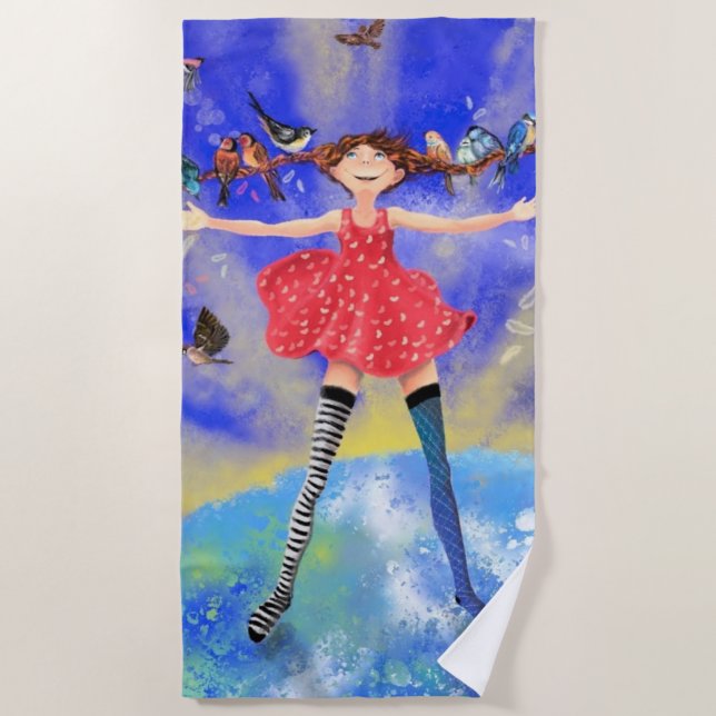 Serviette De Plage Fille avec oiseaux Beach Towel Spring (Devant)