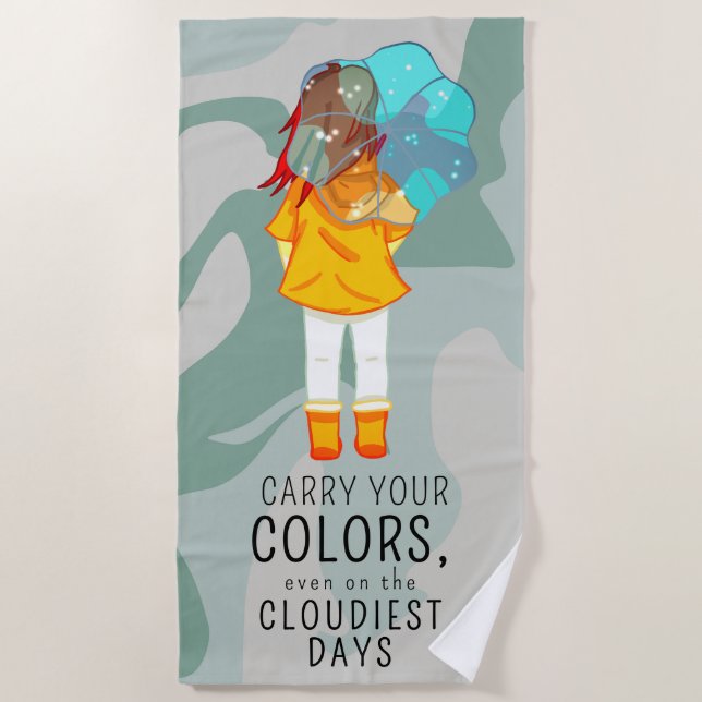 Serviette De Plage Fille avec parapluie dans le vent Citation positiv (Devant)