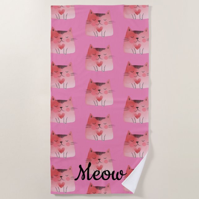 Serviette De Plage Fille Chats Coeur Rose (Devant)