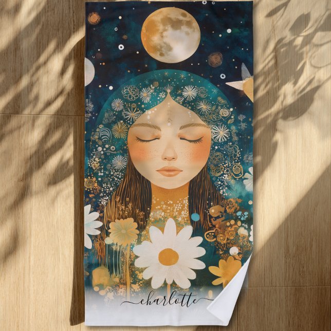 Serviette De Plage Fille Cosmique Illustration Boho Moon & Daisy Pers (Cosmic Girl Boho Moon & Daisy Illustration Custom Beach Towel)