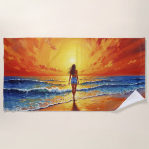 Serviette De Plage Fille coucher de soleil promenade décor des vagues