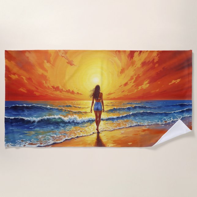 Serviette De Plage Fille coucher de soleil promenade décor des vagues (Devant)