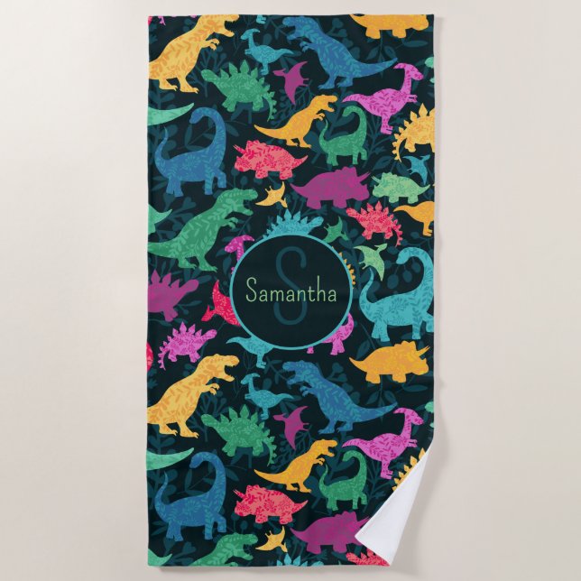 Serviette De Plage Fille Florale Dinosaure Silhouette Filles (Devant)