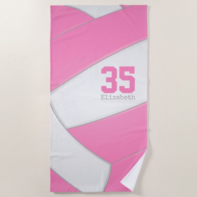 Serviette De Plage filles de volley-ball rose et blanc personnalisées (Devant)