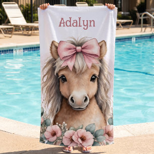 Serviette De Plage Filles Mignon Rose Floral Cheval Nom Personnalisé